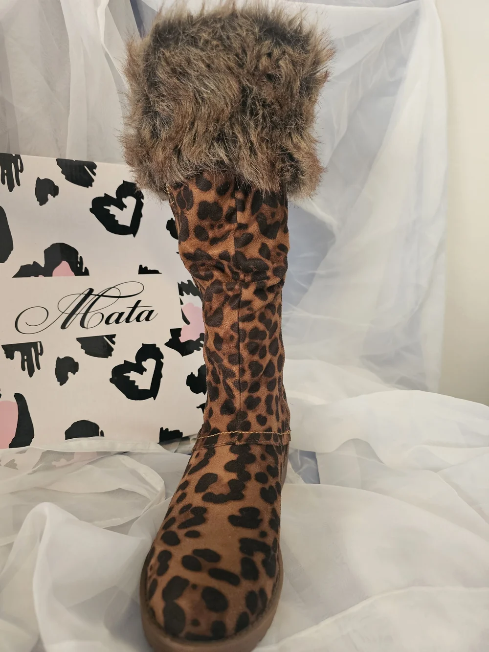 Mata Leopard Print Faux-Fur Trim Heeled Boots - Brown - Picture 3 of 3